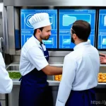 식품위생 실무에서 자주 사용하는 서식 - A vibrant scene in a professional, impeccably clean commercial kitchen. A diverse group of food serv...