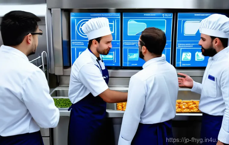 식품위생 실무에서 자주 사용하는 서식 - A vibrant scene in a professional, impeccably clean commercial kitchen. A diverse group of food serv...