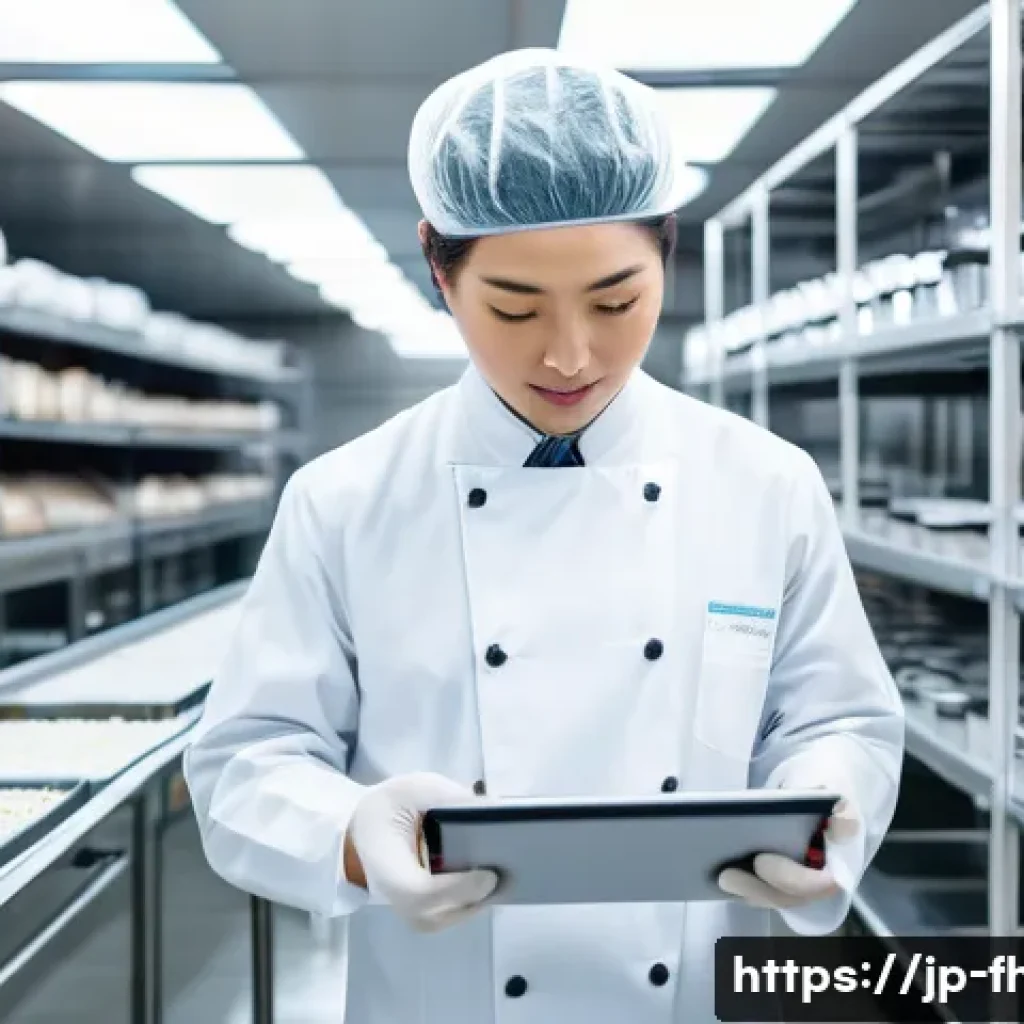 식품위생관리사 취업 시 유리한 스펙 - A professional Japanese food hygiene manager wearing a clean white uniform and a hairnet, carefully ...
