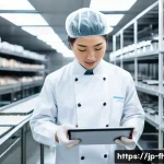 식품위생관리사 취업 시 유리한 스펙 - A professional Japanese food hygiene manager wearing a clean white uniform and a hairnet, carefully ...