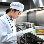 식품위생관리사 자격증 초보자 가이드 - A professional Japanese food hygiene manager in a modern commercial kitchen, wearing clean white uni...