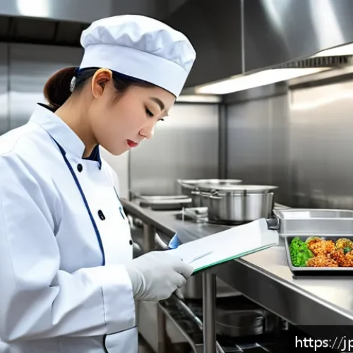 식품위생관리사 자격증 초보자 가이드 - A professional Japanese food hygiene manager in a modern commercial kitchen, wearing clean white uni...