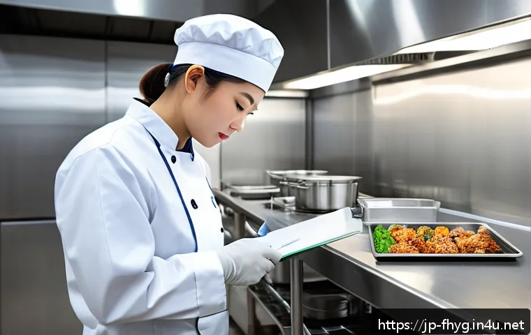 식품위생관리사 자격증 초보자 가이드 - A professional Japanese food hygiene manager in a modern commercial kitchen, wearing clean white uni...