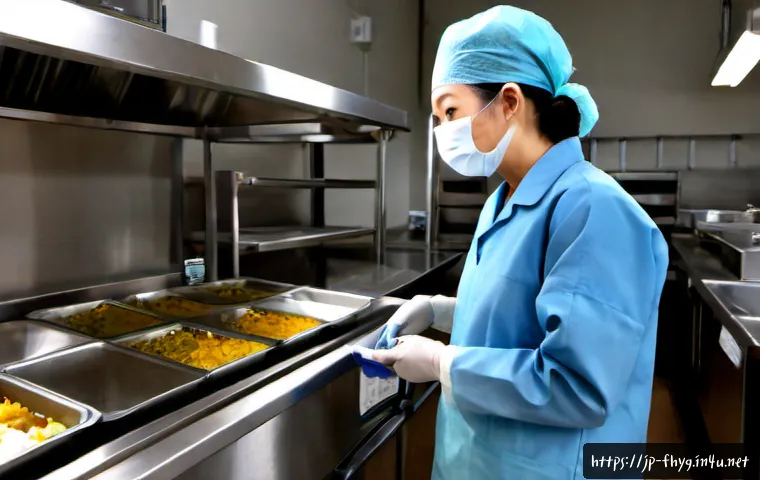 식품위생관리사 업무에서의 법적 책임 - Photorealistic Japanese food hygiene manager in a clean commercial kitchen, wearing a neat uniform, ...