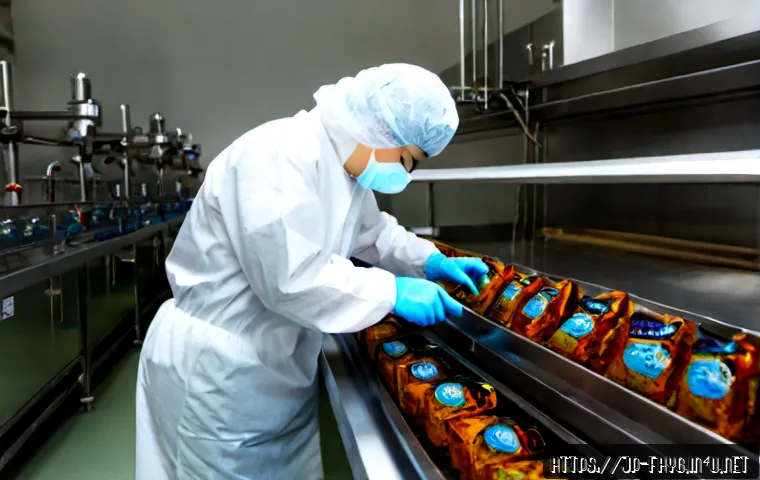 식품위생관리사와 식품공학의 관계 - Photorealistic Japanese food safety specialist in clean protective clothing inspecting sealed packag...