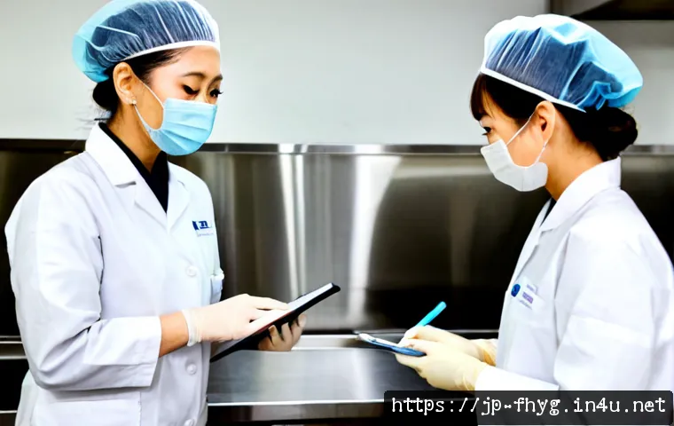 식품위생관리사 실무에서의 커뮤니케이션 방법 - Photorealistic Japanese food production kitchen, a food hygiene manager in clean white coat, hairnet...